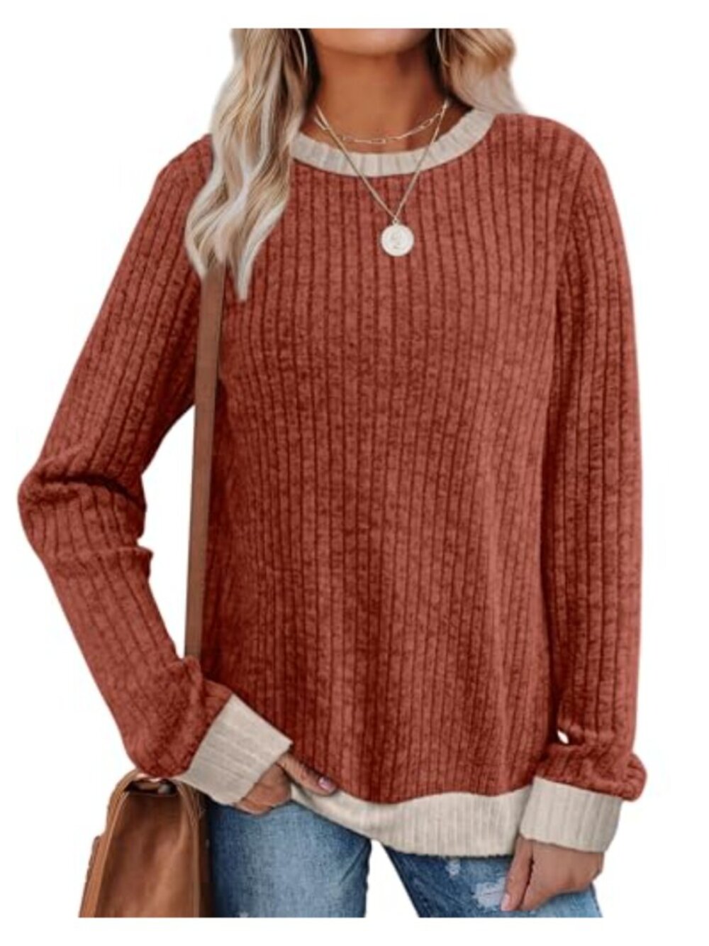 Womens Long Sleeve Color Block Tunic Top Lightweight Loose Fit Fall Sweater